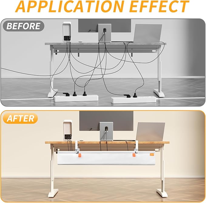 Under Desk Cable Management Tray, No Drill Desk Cord Organizer with Clamp, 36" Fabric Cable Management for Standing Desk Office & Home, White