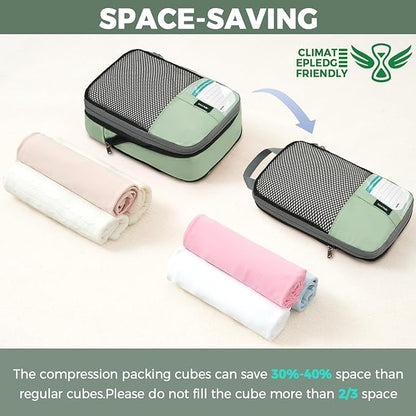 BAGAIL 4 Set/6 Set/8 Set Compression Packing Cubes Travel Accessories Expandable Packing Organizers(HalfMesh, 8-MatchaGreen)