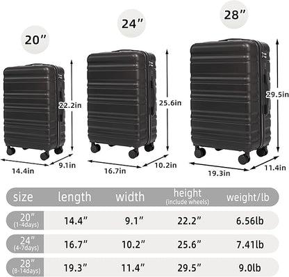 Campfun 3 Piece Luggage Sets, ABS Suitcase Set with Double Spinner Wheels Hang Hook, Durable Carry On Luggage with Combination Lock, 20/24/28 inch, Black