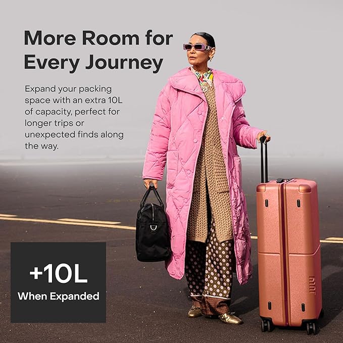 Checked Plus Expandable - 28.75" Airline Approved Check In Luggage with Wheels, Rolling Suitcase for Men & Women - TSA Lock, Silent Spinner Wheels, Expansion Zip, Y-Strap - Clay