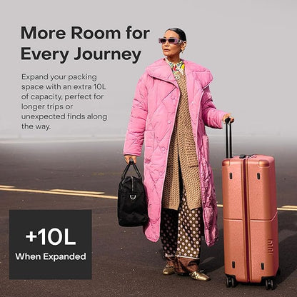 Checked Plus Expandable - 28.75" Airline Approved Check In Luggage with Wheels, Rolling Suitcase for Men & Women - TSA Lock, Silent Spinner Wheels, Expansion Zip, Y-Strap - Clay