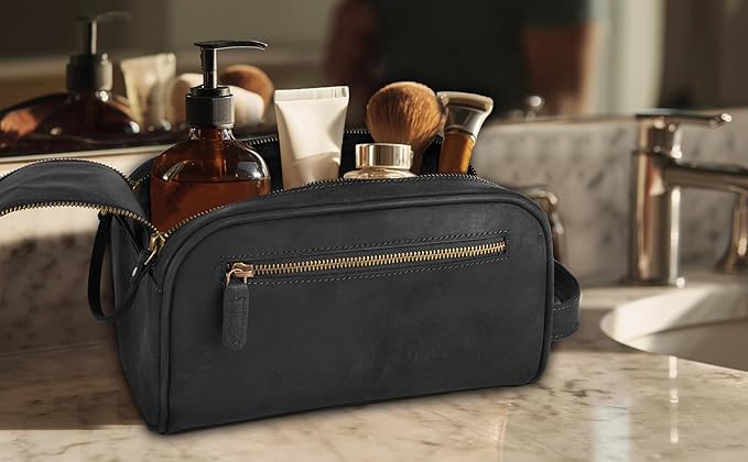 mds Genuine Leather Toiletry Bag for Men - Unisex Rustic Classic Vintage Handcrafted Full-Grain Leather Travel Dopp Kit with Waterproof Lining & Handle, Shaving & Grooming Kit Organizer Pouch - Black