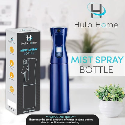 Hula Home Continuous Spray Bottle for Hair (10.1oz/300ml) Empty Ultra Fine Plastic Water Mist Sprayer – For Hairstyling, Cleaning, Salons, Plants, Essential Oil Scents & More - Blue