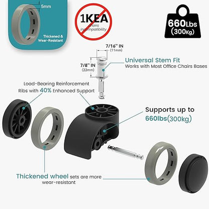 2 Inch Office Desk Chair Wheels Replacement, Computer Gaming Casters for Carpet Stem 7/16-7/8, Set of 5 for Furniture Hardwood Hard Floors Chair Castors Tile Smooth Safe Quiet Rolling 880 LB, (Grey)