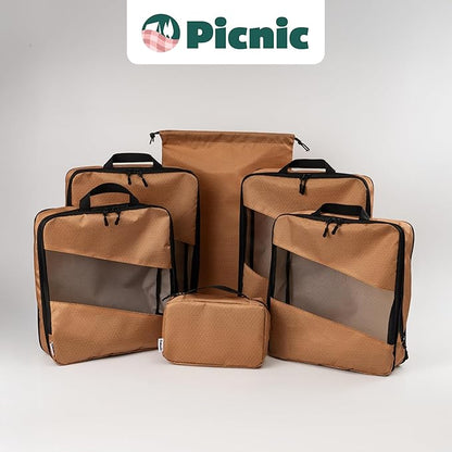 Compression Packing Cubes for Travel – 6-Pack Expandable Luggage Organizer Bags | Lightweight Storage Solution for Suitcase, Backpack & Carry-On | Travel Accessories for Men & Women (Brown & Camel)