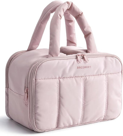 BAGSMART Travel Toiletry Bag, Puffy Large Toiletry Bag for Women, Lightweight Cosmetic Makeup Bag Organizer with Handle for Traveling, Accessories, Essentials, Toiletries (Pink)