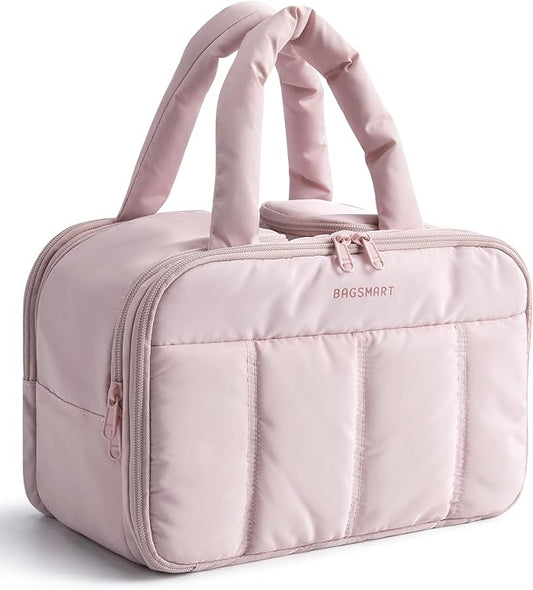 BAGSMART Travel Toiletry Bag, Puffy Large Toiletry Bag for Women, Lightweight Cosmetic Makeup Bag Organizer with Handle for Traveling, Accessories, Essentials, Toiletries (Pink)