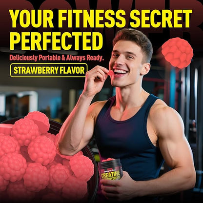 Creatine Monohydrate Gummies for Men & Women,5000MG Creatine Gummy Sugar Free. Boost Focus,Strength, and Endurance, Anti-Melting Formula, Vegan, Gluten-Free, Non-GMO,(Strawberry 90 ct)
