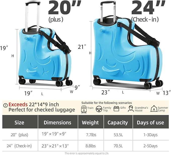 Kids Ride-On Suitcase, Hardside Rolling Luggage with 4 Spinner Wheels, Seat & Safety Belt, Toddler Carry-On for Boys & Girls Ages 2-6, Blue