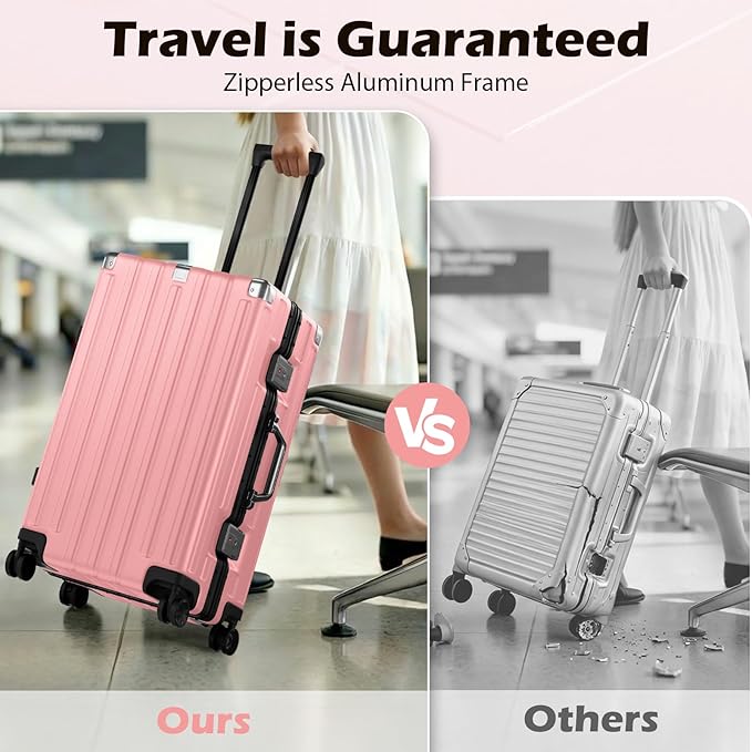 Krute Checked Aluminum Frame Suitcase 24 Inch Zipperless Luggages Hardside PC Luggage With Spinner Wheels TSA Lock USB Charger Suitcases(1 Piece)