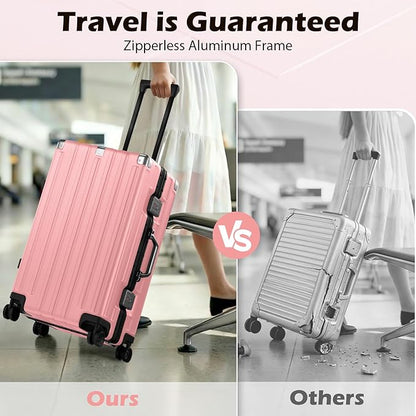 Krute Checked Aluminum Frame Suitcase 24 Inch Zipperless Luggages Hardside PC Luggage With Spinner Wheels TSA Lock USB Charger Suitcases(1 Piece)