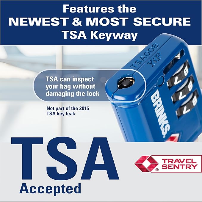 Brinks TSA Accepted Indicator Luggage Lock, Blue - Resettable 3-Dial Combination, 2.5 inch Long Cable Shackle, New More Secure TSA008 Key, 4 Pack