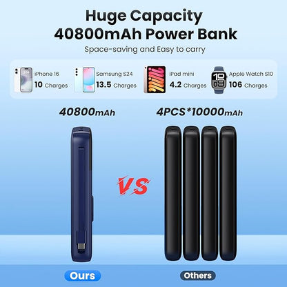 Portable Charger 40800mAh for iPhone with Built-in Cable and iWatch Charger, 25W PD Fast Charging USB C Power Bank,Travel Camping Essentials Battery Pack for iPhone 17/16/15/14/13,Android,Apple Watch