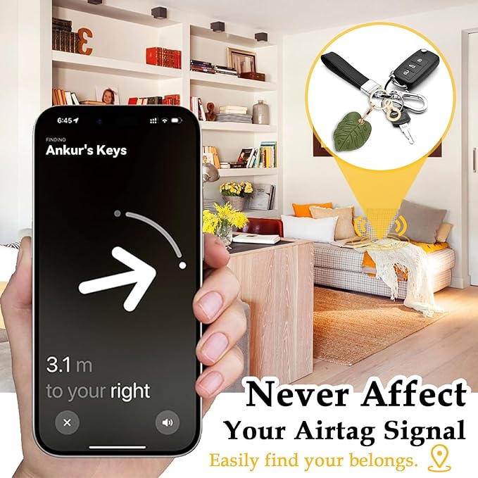 Leather Keychain for Airtag, Cute Protective Keychain Holder Compatible with Apple Air Tag,GPS Item Tracker Case Cover for Keys,Bags,Pets,Luggage(Leaf)