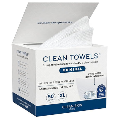 Clean Skin Club Clean Towels XL®, 100% USDA Biobased Face Towel, Disposable Face Towelette, Eczema Association Accepted, Makeup Remover Dry Wipes, Ultra Soft, 1 Pack, 50 Ct