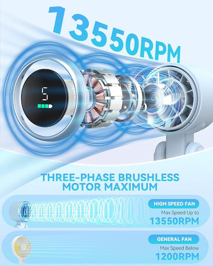 Portable Handheld Turbo Fan, 5-Speed Personal Fans, 5000mAh Rechargeable Fans Up to 12 Hours, Weight only 0.6lb Small Fan, Hand/Neck/Desk Fan 3 IN 1, Beach Vacation Essentials(Blue)
