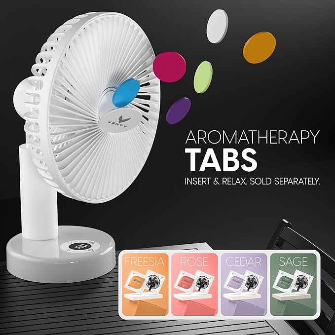 VENTY Portable Clip Fan - Rechargeable 10-Hour Battery Portable Fan - 360° Rotation & 90° Tilt - Stroller Fan, Desk Fan or Bedside Fan - Aromatherapy & LED Light - USB-C Rechargeable Clip On Fan