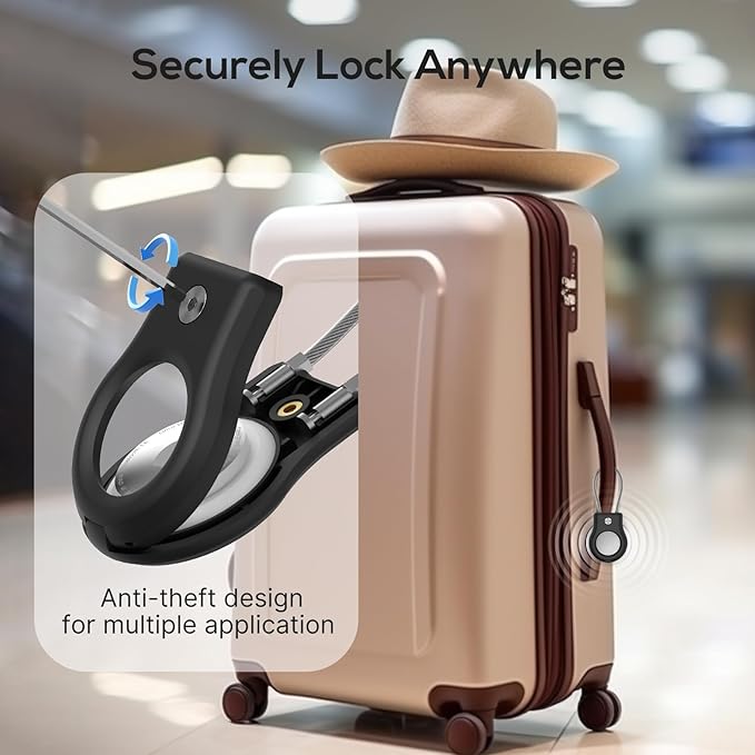 AirTag Keychain Holder - (4 Pack) Airtag Lock Case with Wire Cable Compatible with Apple AirTags,Ultra Durable Anti-Lost Protective Case with Keyring for Luggage, Key, Backpack, Pet, Bag Black/Grey