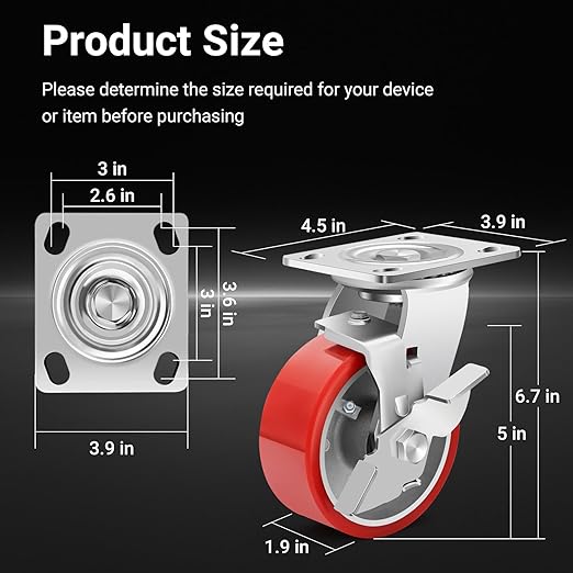 Nefish 5 Inch Industrial Grade Casters Wheels, Heavy Duty Aluminum Core PU Castor Set of 4, Durable Plate Swivel Casters with Brake 4000 LBS, Anti-Corrosion Wheels for Industrial, Equipment