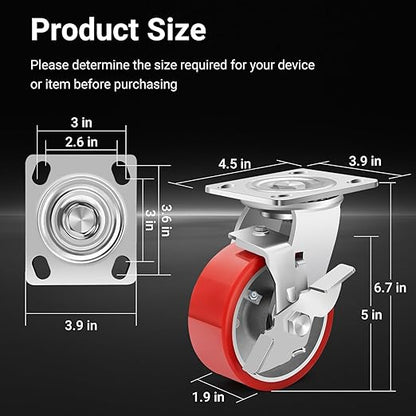 Nefish 5 Inch Industrial Grade Casters Wheels, Heavy Duty Aluminum Core PU Castor Set of 4, Durable Plate Swivel Casters with Brake 4000 LBS, Anti-Corrosion Wheels for Industrial, Equipment