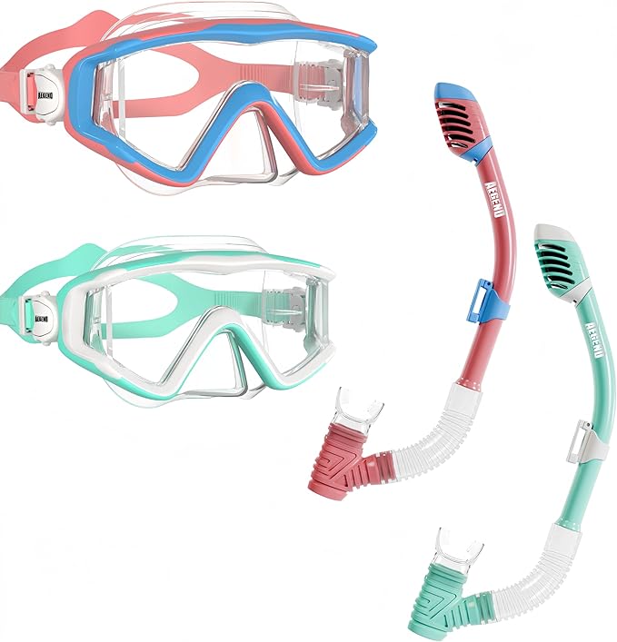 Aegend Snorkeling Gear for Adults Youth Kids, Dry Snorkel Set Panoramic View Enhanced Anti-Leak and Anti-Fog Technology, Adjustable Strap for Snorkeling Scuba Diving Swimming with Mesh Bag