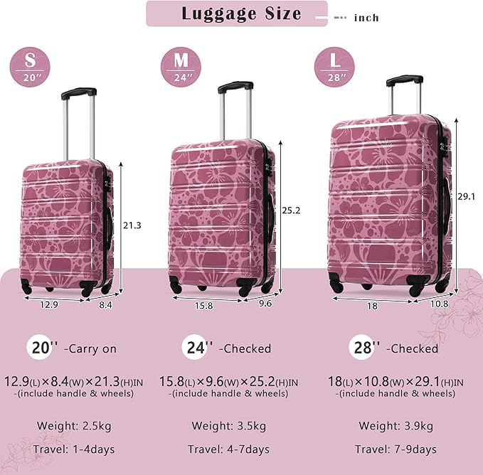 Luggage Sets 3 Piece Durable Suitcase Set with Spinner Wheels, 3 Pcs Hardside Lightweight luggage with TSA Lock, Large Checked Travel Suitcases
