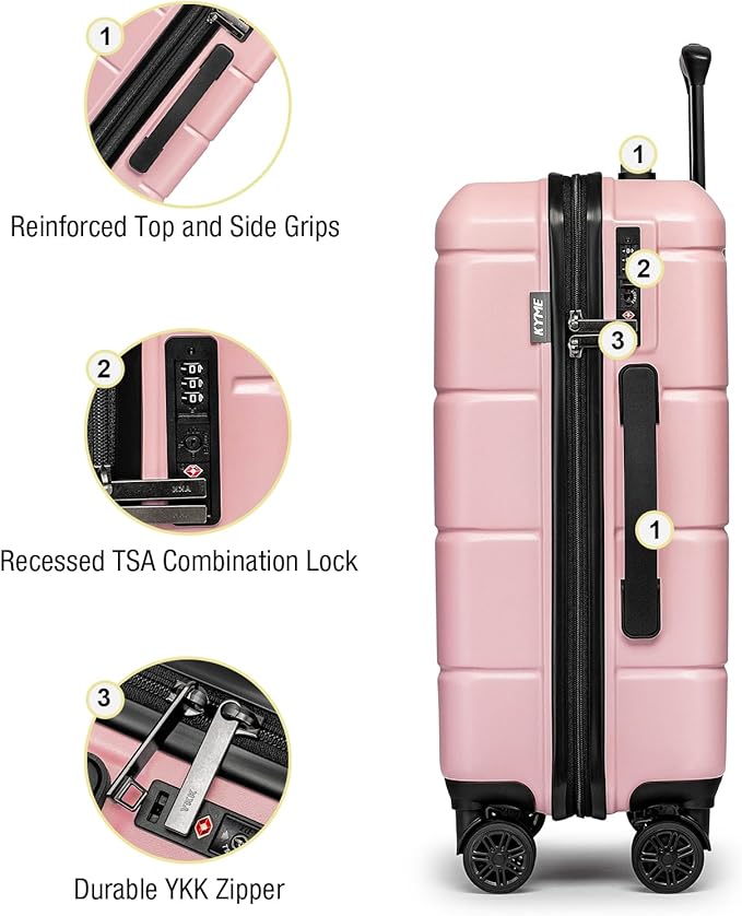 KYME Carry On Luggage 22x14x9 Airline Approved with TSA Lock Hardshell Carry-On Suitcase with Wheels Travel Rolling 22 inch Luggage with Cup Holder for Women Pink