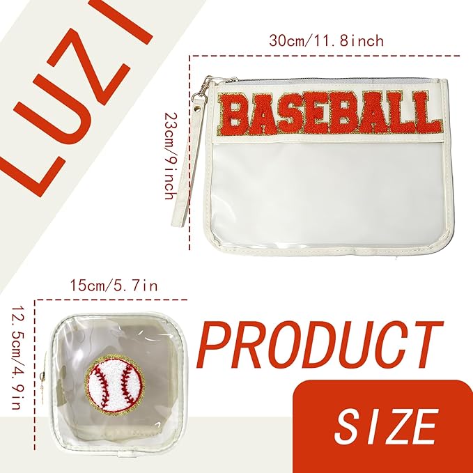 2 Pcs Baseball Gifts Makeup Bag with Chenille Letter Patch,with Handles Baseball PVC Waterproof Clear Makeup Bag,Portable Toiletry Storage Bag,Players & Fans Birthday, Team or Sports Lover Presents