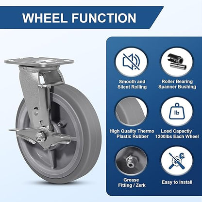 8 Inch Rubber Wheels (Flat Tread)- Heavy Duty Casters, Industrial Caster Wheels- with up to 1200 LB Capacity- Use for Dollies, Utility and Maintenance Carts(1 Brake)