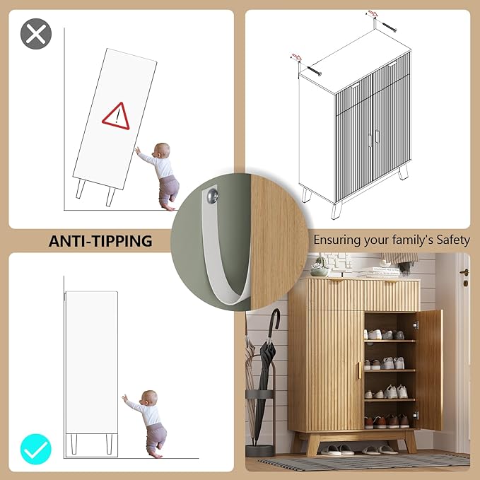 Shoe Cabinet Storage for Entryway with Doors, 4 Tier Fluted Shoe Organizer with 2 Drawers, Entryway Shoe Storage with Adjustable Shelves, Freestanding Hidden Shoe Rack for Front Door Entrance, Oak