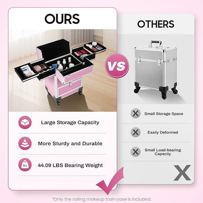 Portable Makeup Organizer Suitcase, Stylist Beauty Salon Cosmetic Luggage, Makeup Train Case w/ 4 Removable Wheels & Sliding Drawers for Barber Store
