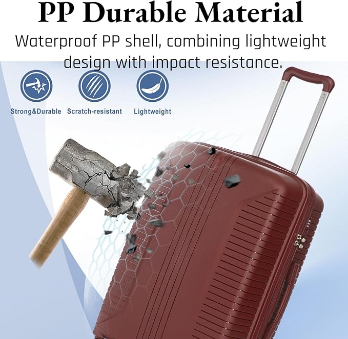 3-Piece PP Hard Shell Spinner Luggage Set (20" 24" 28") with Combination Lock, Adjustable Pull Rod Suitcases, Red