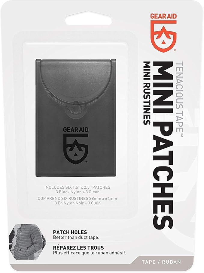 GEAR AID Tenacious Tape Mini Patches with Peel-and-Stick Adhesive to Fix Holes and Tears in Winter Gear, Down Puffer Jackets, Sleeping Bags, Tents, and Rain Gear, Black and Clear