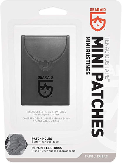 GEAR AID Tenacious Tape Mini Patches with Peel-and-Stick Adhesive to Fix Holes and Tears in Winter Gear, Down Puffer Jackets, Sleeping Bags, Tents, and Rain Gear, Black and Clear