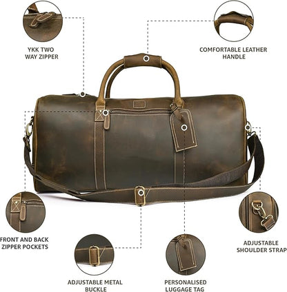 Leather Village Premium Leather Duffel Bags for Men & Women-Stylish Travel Weekender Carry-On Sports Gym Overnight Luggage Bag - 24 Inch - Olive/Army Green