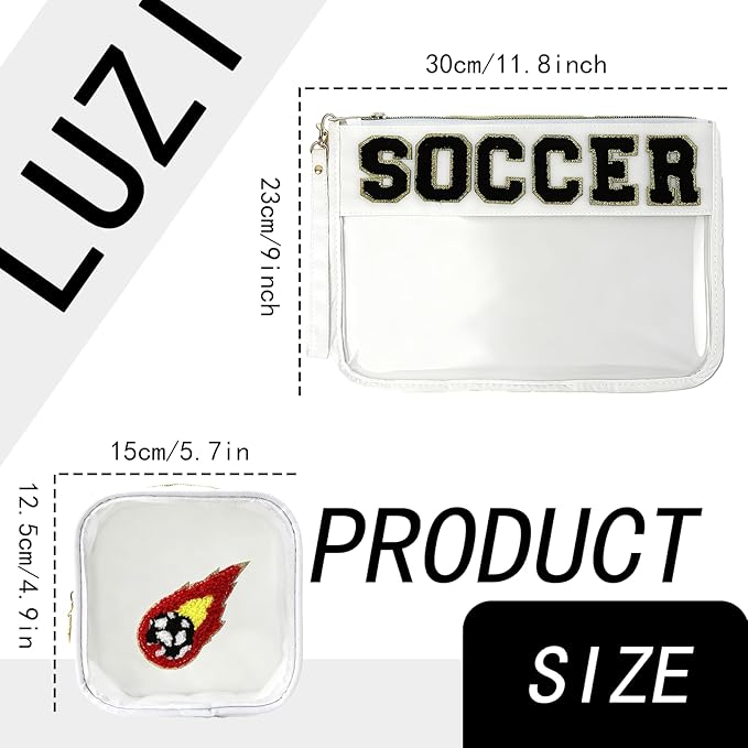 2 Pcs Football Gifts Makeup Bag with Chenille Letter Patch,with Handles football PVC Waterproof Clear Makeup Bag,Portable Toiletry Storage Bag,Players & Fans Birthday, Team or Sports Lover Presents