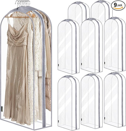 BALEINE 60'' Clear Garment Bags for Hanging Clothes, 10.5'' Wide PEVA Suit Bag for Closet Clothes Dresses Coat (Clear, 9PK)
