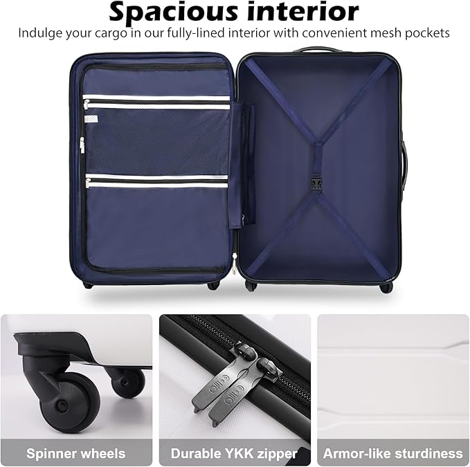 Coolife Luggage PC+ABS Hardshell Suitcase with TSA Lock, Spinner Carry On Lightweight (White, 20in)