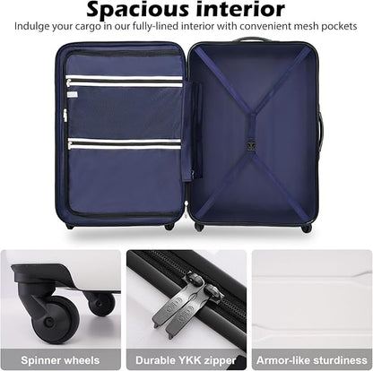 Coolife Luggage PC+ABS Expandable Hardshell Suitcase with TSA Lock, Spinner Checked Lightweight (White, 28in)