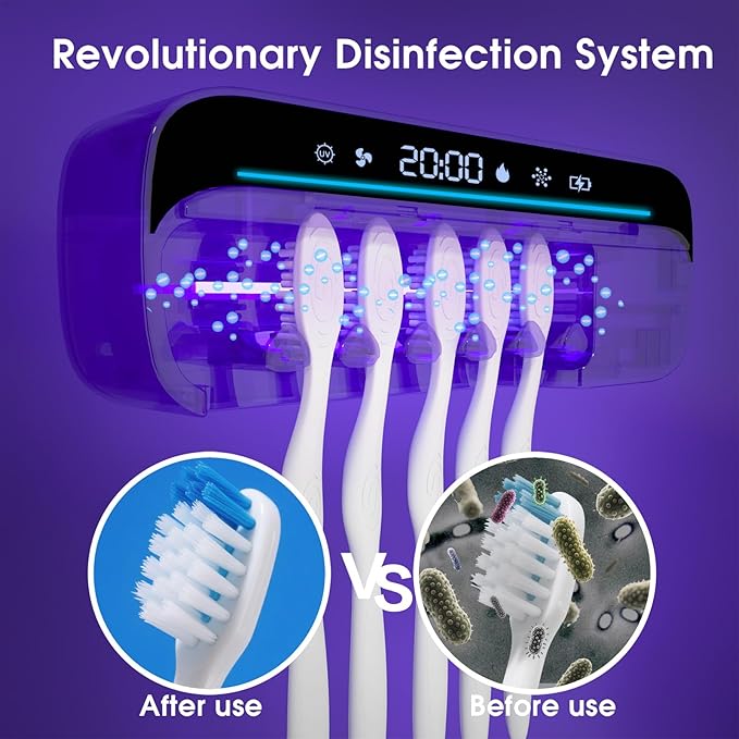iHave Toothbrush Sanitizer and Holder, UV Toothbrush Holders for Bathrooms with 100M Negative Ions for 360° Disinfection, Mold Control & Odor Neutralization, 5-Slot Turbofan Drying Toothbrush Holder