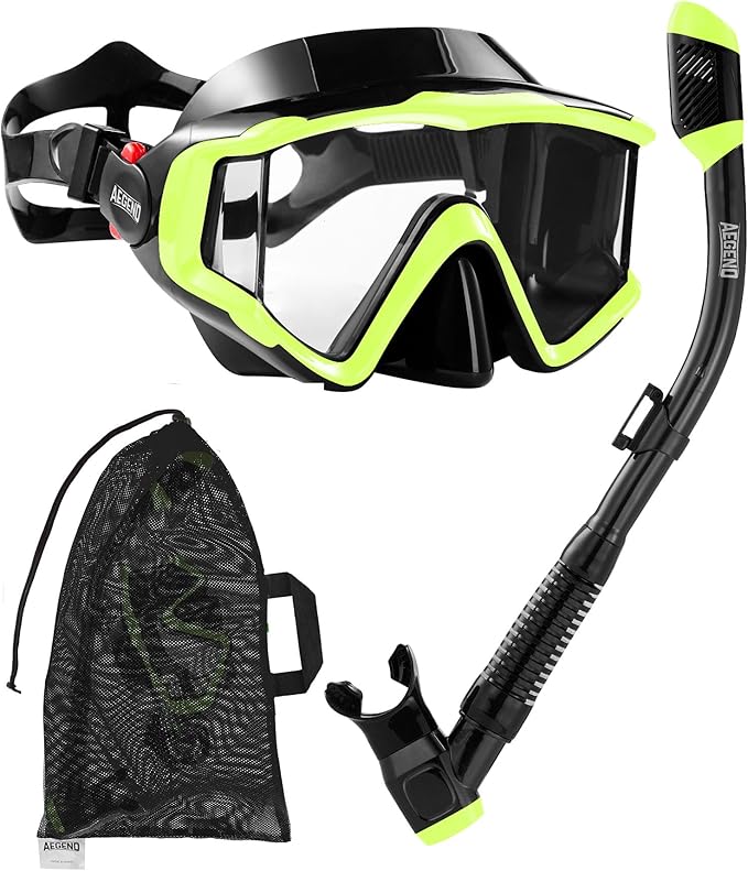 Aegend Snorkeling Gear for Adults Youth Kids, Dry Snorkel Set Panoramic View Enhanced Anti-Leak and Anti-Fog Technology, Adjustable Strap for Snorkeling Scuba Diving Swimming with Mesh Bag
