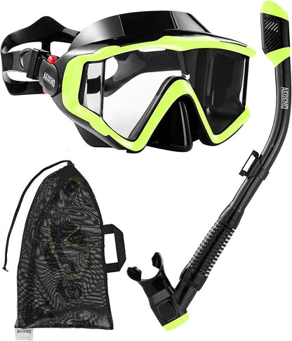 Aegend Snorkeling Gear for Adults Youth Kids, Dry Snorkel Set Panoramic View Enhanced Anti-Leak and Anti-Fog Technology, Adjustable Strap for Snorkeling Scuba Diving Swimming with Mesh Bag