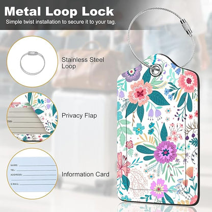 2Pack Luggage Tags for Suitcases, Cute Unique Pu Leather Cruise Luggage Tag with Privacy Cover ID Label Address Card and Metal Ring Suitable for Women Men Kids Travel Bag Colorful Flowers 2
