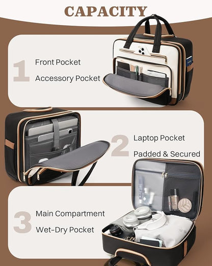 Rolling Puffer Laptop Bag, Rolling Briefcase for Women, Wheeled 16 Inch Computer Bag, Water Resistant Stylish Overnight Underseat Carry On Luggage with Wheels for Work Travel Business, Beige Brown