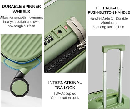 mixi Carry On Luggage, 18'' Suitcases with Spinner Wheels, Rolling Travel Suitcase with Front Laptop Pocket Luggage Aluminum Frame PC Hardside with TSA Lock and Cover, Avocado Green