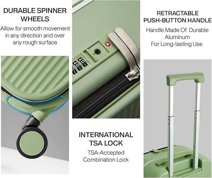 mixi Carry On Luggage, 20'' Suitcases with Spinner Wheels, Rolling Travel Suitcase with Front Laptop Pocket Luggage Aluminum Frame PC Hardside with TSA Lock and Cover, Avocado Green