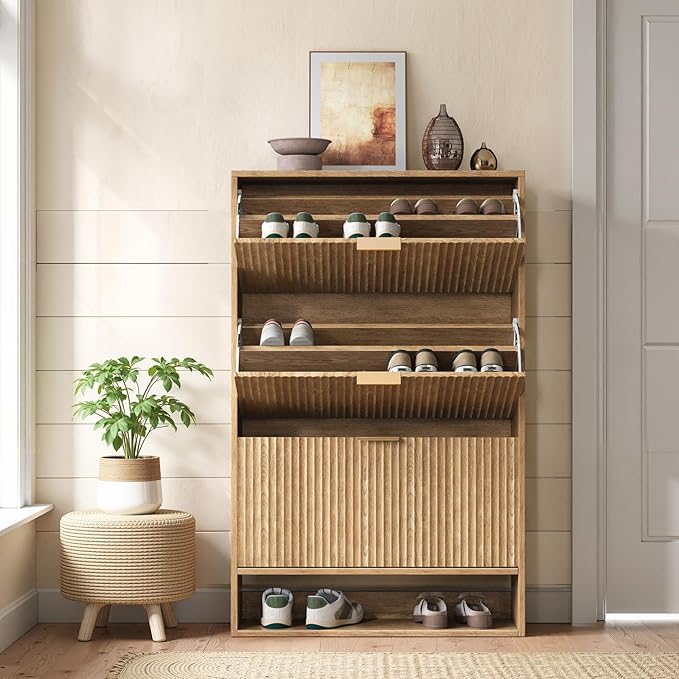 Oak Tall Shoe Storage Cabinet for Entryway with 3 Flip Drawers, Fluted Slim Shoe Cabinet, Free Standing Wooden Shoes Organizer for Foyer, Hallway