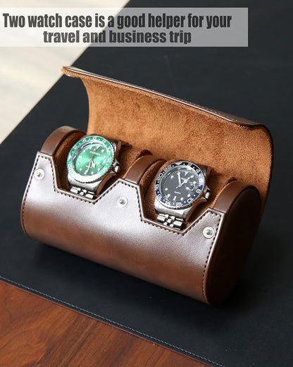 Watch Roll Travel Case for Men and Women with Suede Lining Portable 2 Slot Watch Display Storage and Organizer to Holder Large Watch (2 Slot Dark Brown)