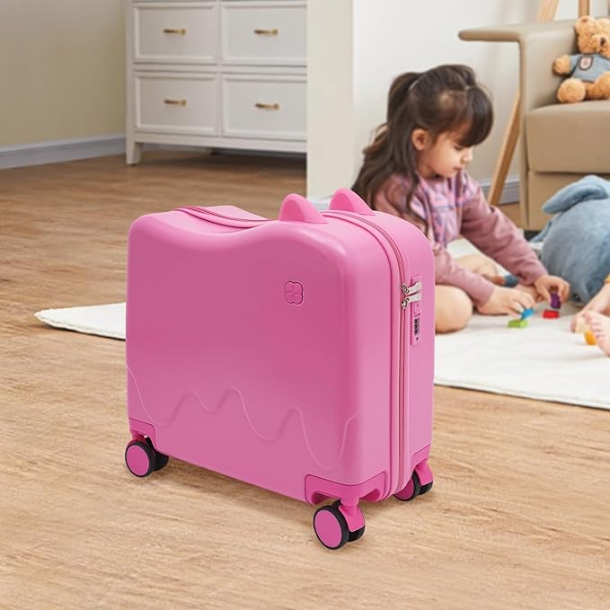 18-Inch Kids Ride-On Suitcase - Cute Lightweight Trolley Luggage with 4 Silent Spinner Wheels & Lock for Travel - Perfect for Ages 3-6 (Pink)