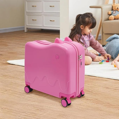 18-Inch Kids Ride-On Suitcase - Cute Lightweight Trolley Luggage with 4 Silent Spinner Wheels & Lock for Travel - Perfect for Ages 3-6 (Pink)